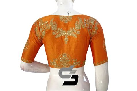 Mustard Orange High Neck Designer Embroidered Saree Blouses: Embrace ...