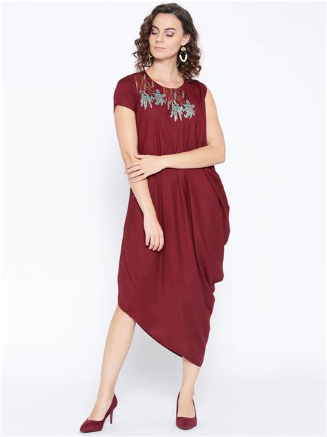 One side cowl asymettric dress with side floral print in Maroon ...