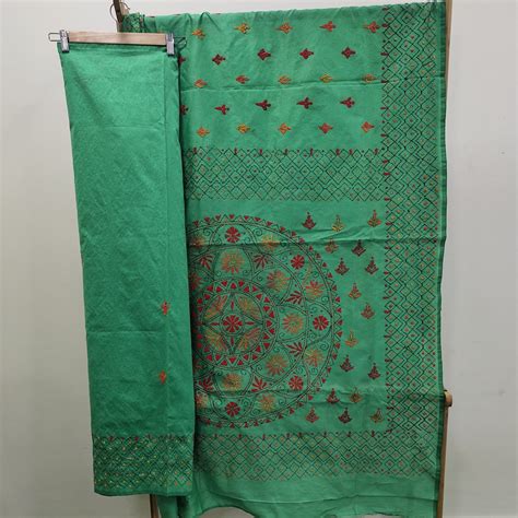 Assam Silk ((cotton silk) Kantha Work Saree - Teal Green – Phulari