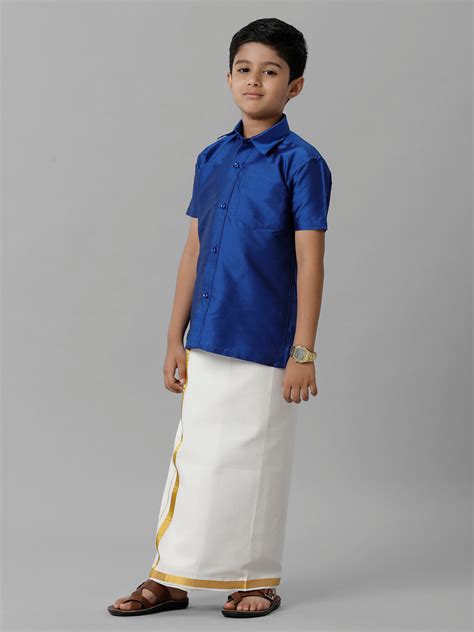 Boys Silk Cotton Light Blue Half Sleeves Shirt with Adjustable Cream ...