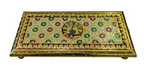 Nagaana Handicrafts Peacock Golden Meenakari Work Wooden Pooja Chowki ...
