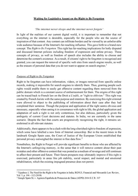 Right to be Forgotten- An Analysis - Waiting for Legislative Assent on ...
