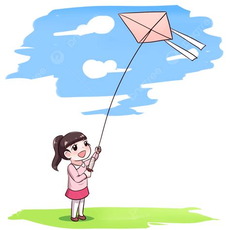Girl Flying Kite Hd Transparent, Cartoon Illustration Of A Little Girl ...
