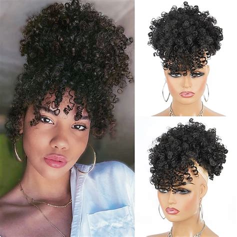 Afro Puff Drawstring Ponytail with Kinky Curly Hair Clip in Bangs Short ...