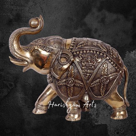 14" Divine Gold Plated Brass Elephant Featuring Lakshmi and Ganesha En