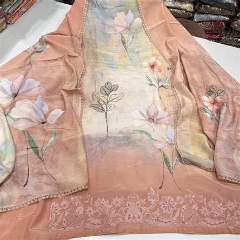 Peach Floral Printed Cottarage Cotton Suit with Embroidered Border – R ...