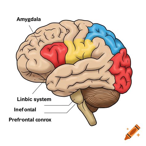 Brain anatomy highlighting amygdala, limbic system, and prefrontal cortex on Craiyon