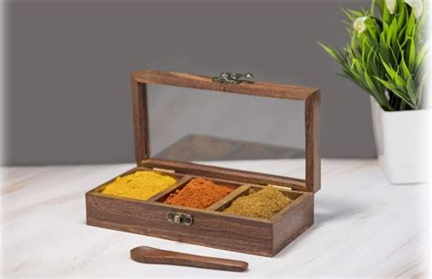 Buy Woodco Handicrafts Wooden Spice Box-Masala Dabba Containers Jars ...
