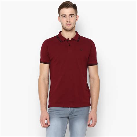 Men's Maroon Solid Mandarin Collar Slim Fit Cotton Polo T-Shirt ...