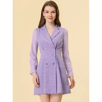 Women's Plaid Notched Lapel Double Breasted Elastic Cuff Elegant Long ...