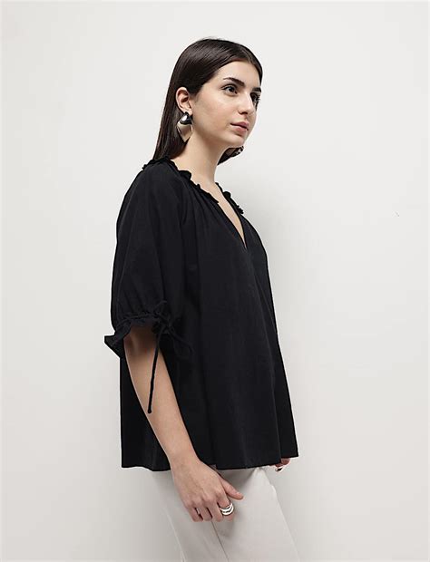 Buy Linen Rich Ruffled Neck Blouson Top at Marks & Spencer