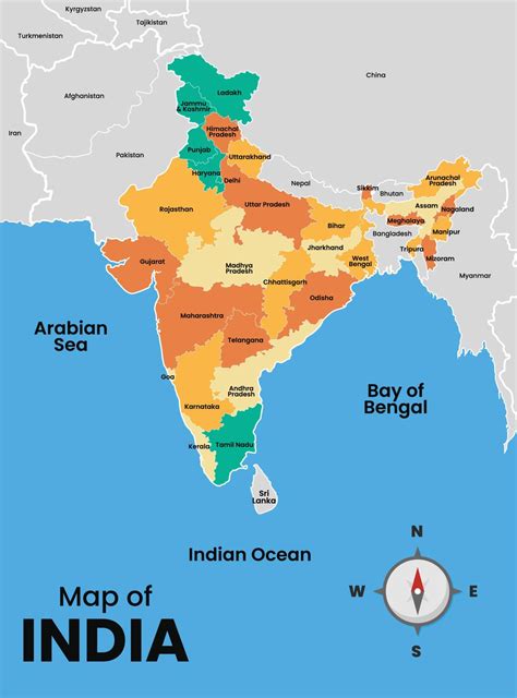 Detailed Country Map of India with Surrounding Borders 20999004 Vector ...
