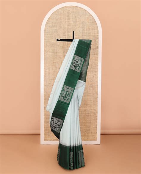 Grey striped silk saree, contrast border of mayil,yaali,kuthirai,annam