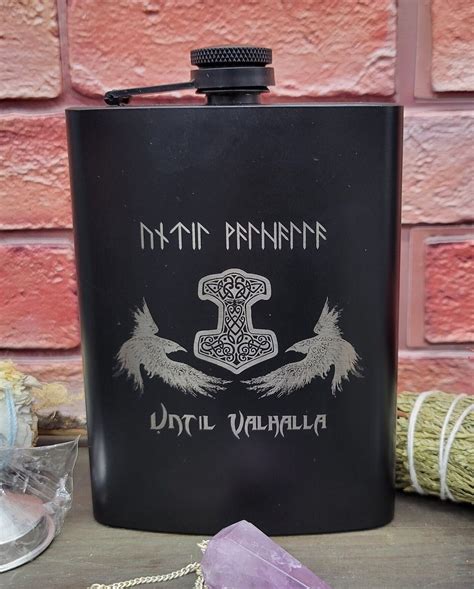Norse Viking Flask Until Valhalla Engraved Runes Odin's Hammer Ravens ...