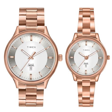 TIMEX Analog Watch for Couple with Silver-Tone Round Dial & Rose Gold ...