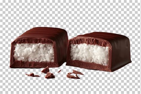 Realistic rectangular chocolate bar cut in half with white coconut ...