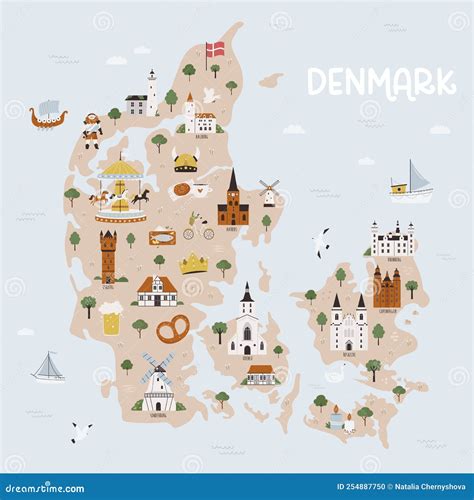 Vector Illustration of Map of Denmark with Famous Cities and Destinations Stock Vector ...