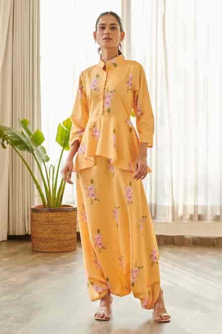 Buy Yellow Cotton, Rayon Collared Jasmine Print Peplum Bodice Jumpsuit ...