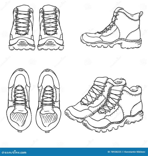 Vector Set of SKetch Hiking Boots. Side, Front and Top View Stock Vector - Illustration of icon ...