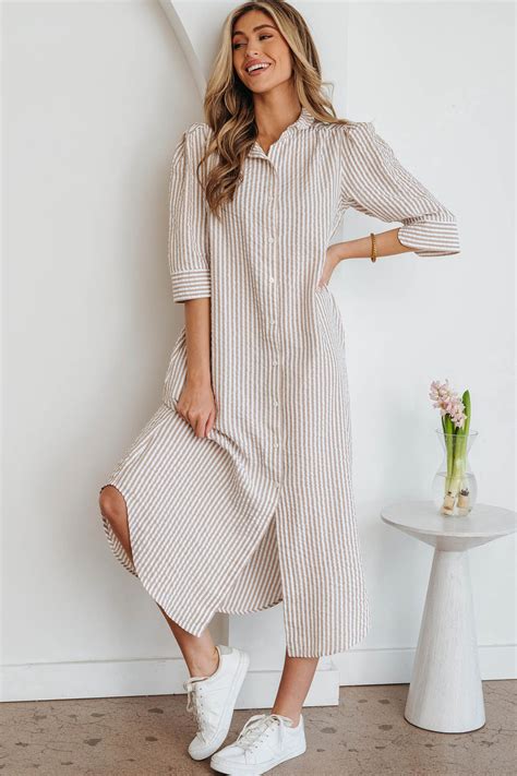 Khaki Stripe Frilled Collar Half Sleeve Shirt Maxi Dress – Errabelly