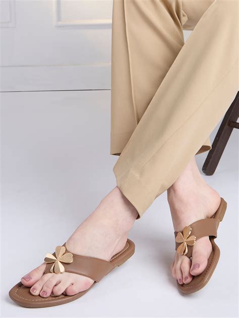 Buy Now Womens Beige Casual Solid T-Strap Flat Sandals