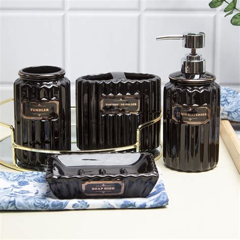 Market99 Black Ceramic Bathroom Set of 4 - Ribbed Design, Bath ...