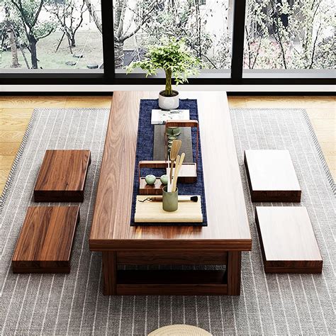 Japanese Floor Table w/ 4 Stools, Wooden Coffee Tatami Tea Low Table ...