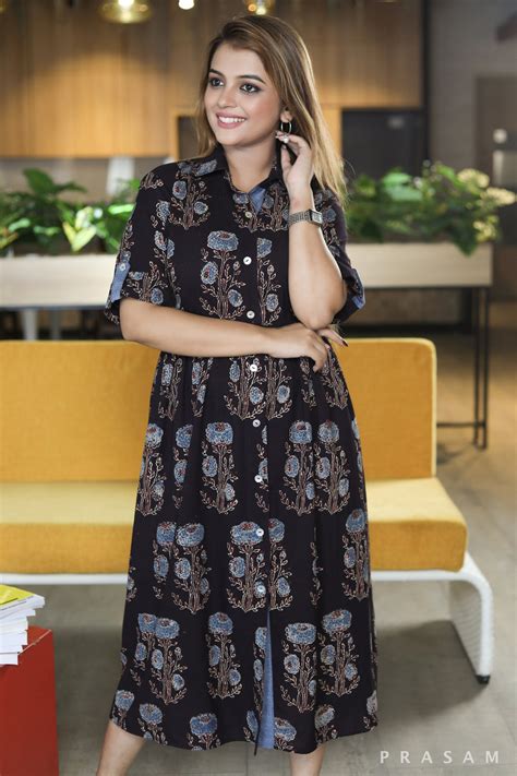 trendy ajrakh printed shirt style dress with blue trims
