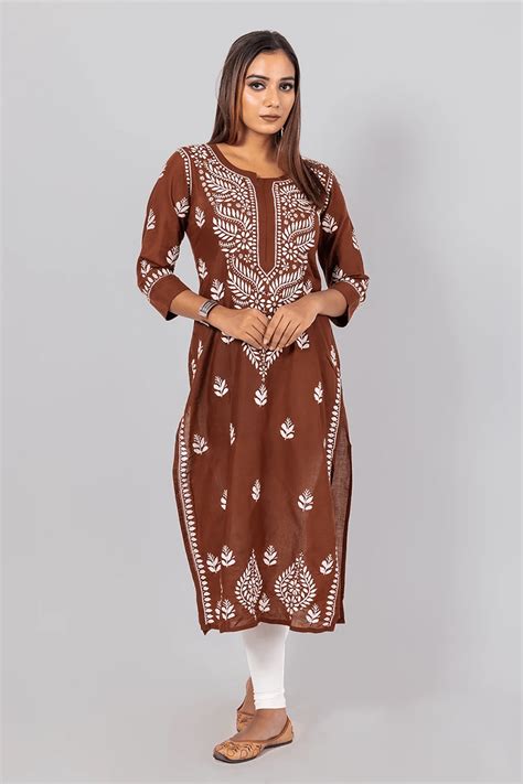 MeMaana Handcrafted Chikankari Brown Cotton Kurti