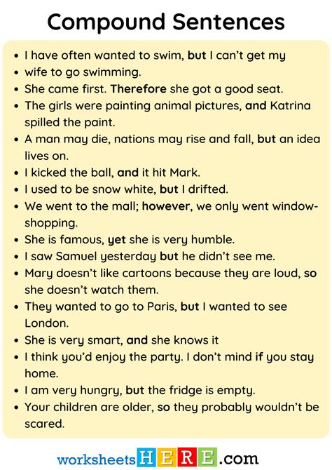 Compound Sentences Examples PDF Worksheet - WorksheetsHere.com