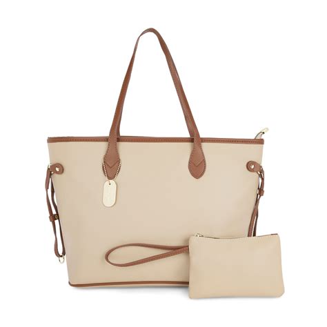 Buy Sugarush Jayla Beige Solid Tote Bag With Pouch (L) Online
