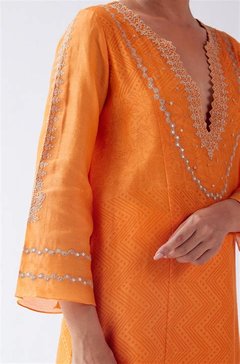 Devnaagri - Orange Block Print Embroidered Kurta Set