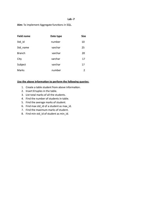 Lab-7 queries - practice - Lab - Aim: To implement Aggregate functions ...