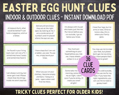 Easter egg hunt clue cards indoor and outdoor printable easter egg hunt ...