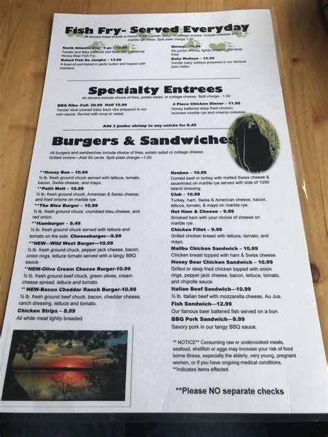 Menu at Honey Bear restaurant, Eagle River, WI-70