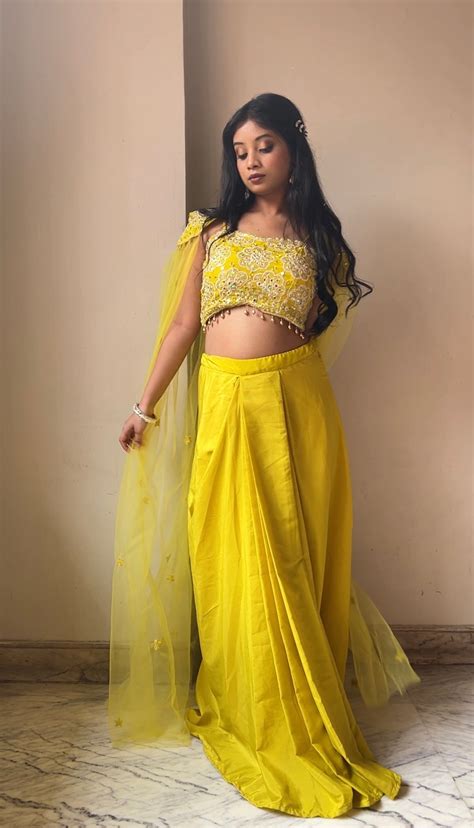Luminous Yellow Dhoti Set & Shrug – Gracious You