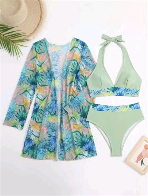 Swim Tropical Print Halter Bikini Swimsuit With Kimono Light Green ...