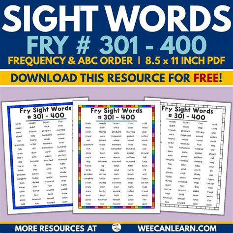 Fry Sight Word List #301-400 (Alphabetical, Frequency) [FREE Download!]