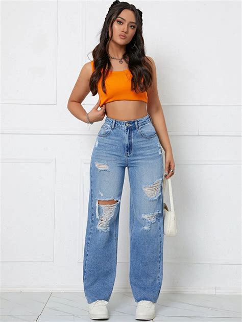 High Waist Ripped Jeans | SHEIN