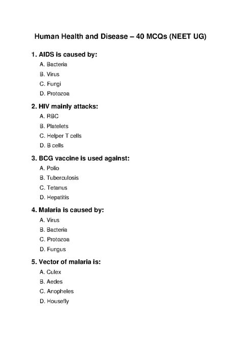Human Health and Disease MCQs – 40 Questions (NEET UG) - Studocu