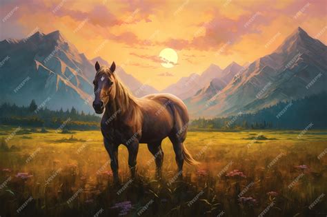 Premium AI Image | A painting of a horse with mountains in the background