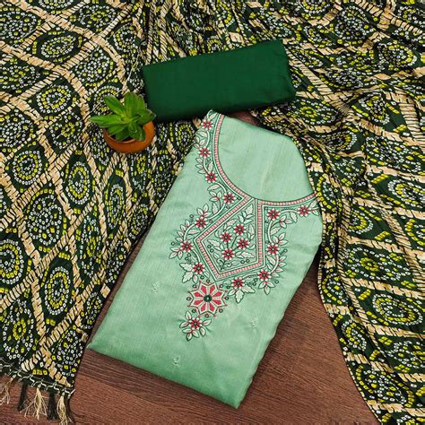 Sea Green Floral Sequins Embroidered Cotton Silk Dress Material