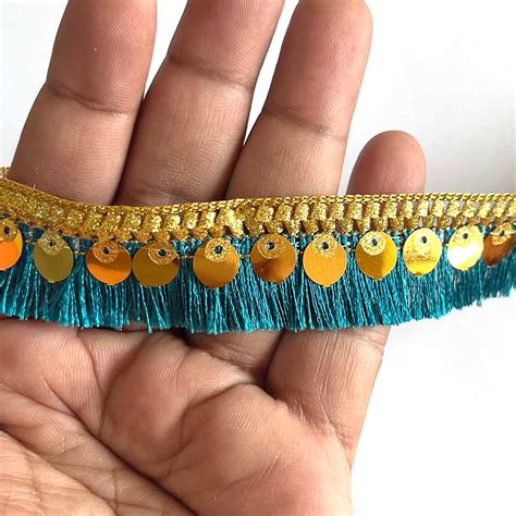 Teal Blue Color Tassel Fringe sequin Lace & Border - ( 9mtr ) For Sari ...