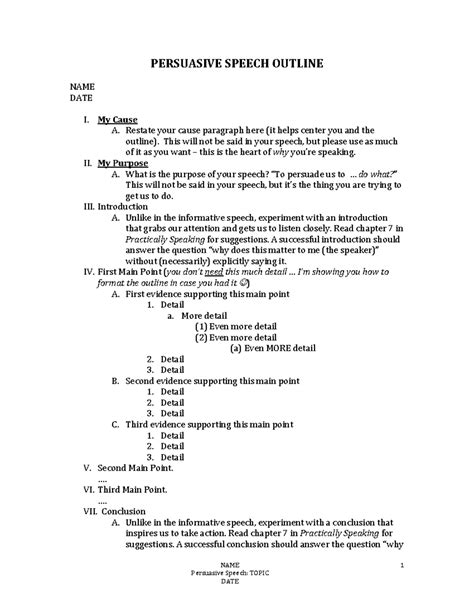 Persuasive Speech Outline - NAME Persuasive Speech: TOPIC DATE 1 ...