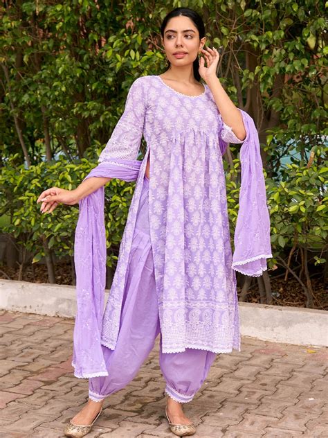 Buy Purple Embroidered Cotton A-Line Kurta With Salwar & Dupatta Online ...