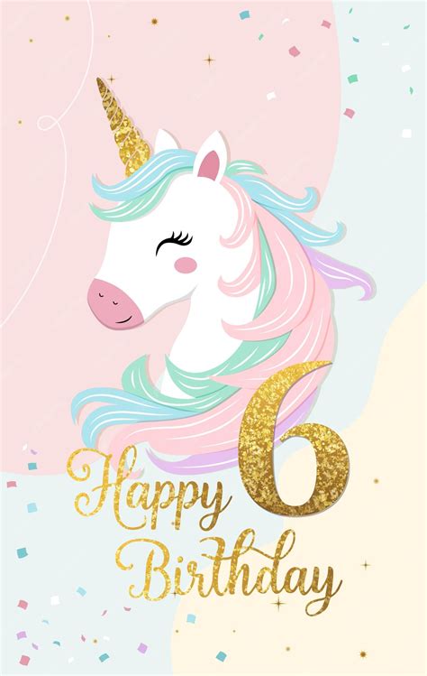 Premium Vector | Happy birthday card with cute unicorn and number six ...