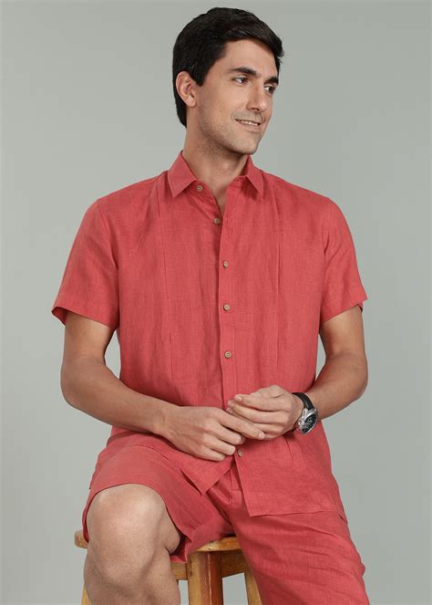Milo Shirt - Pure Linen Half Sleeve Shirt - Terracotta Red – Linen Trail