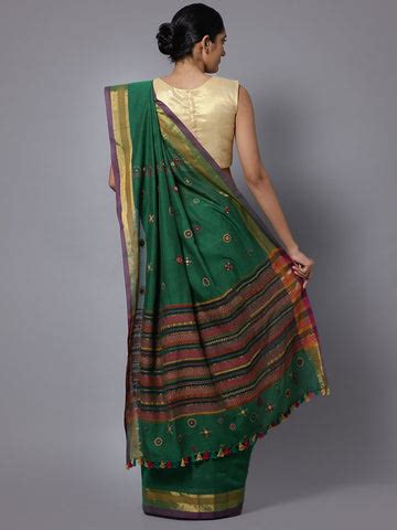 Dark green hand embroidery cotton saree – the good loom