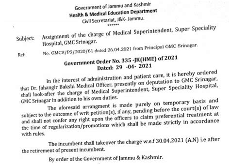 Assignment of charge of Medical Superintendent of Super Specialty Hospital
