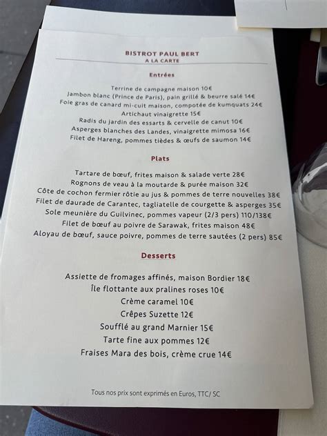 Menu at Bistrot Paul Bert restaurant, Paris